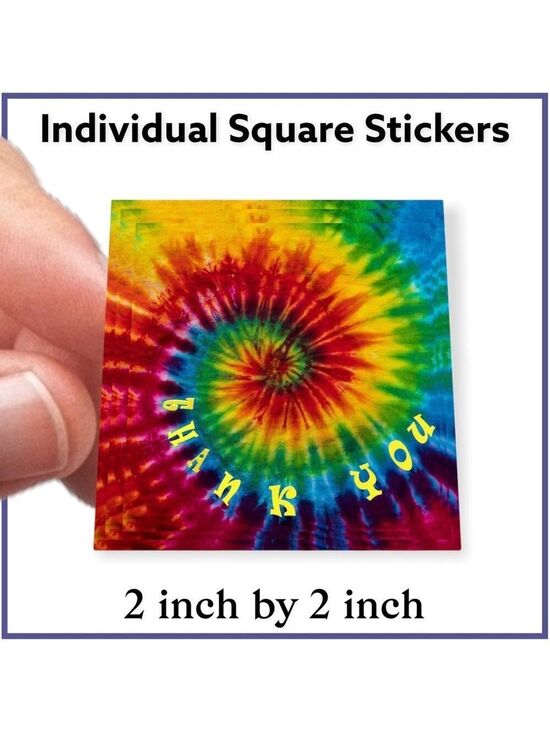 Mailers And More Other - 100 (2x2 Inch) Square Stickers, Tie Dye Hippie, Peace Love High Gloss, Thank You